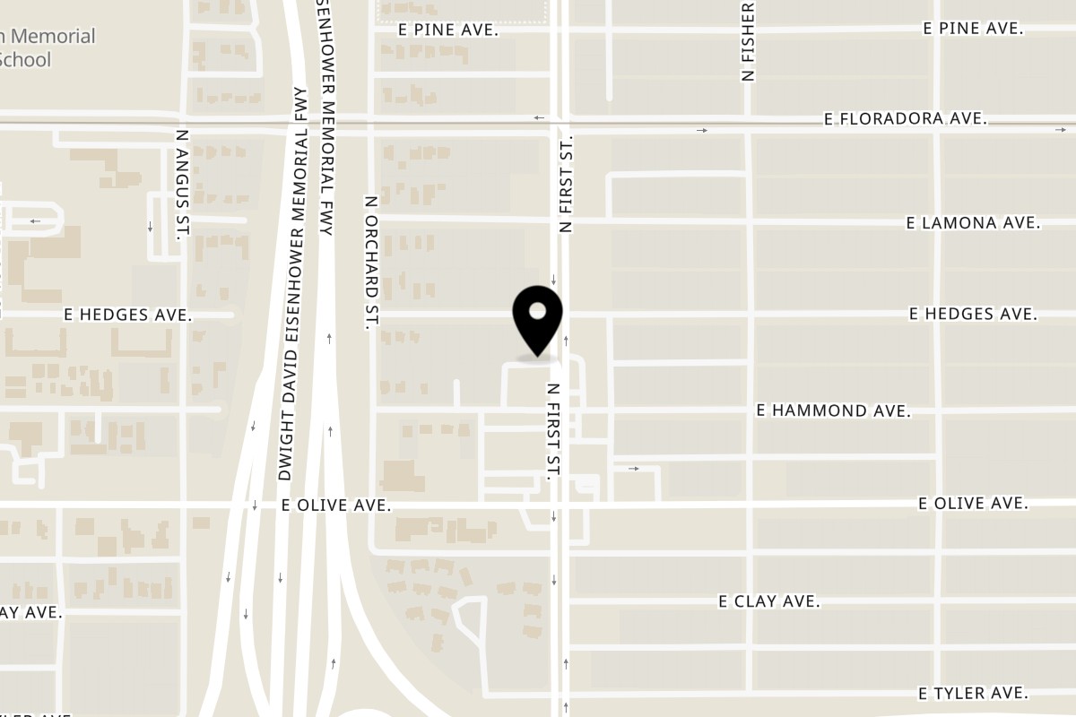 Map showing the location of Thai Me Up on 1289 N First St in Fresno
